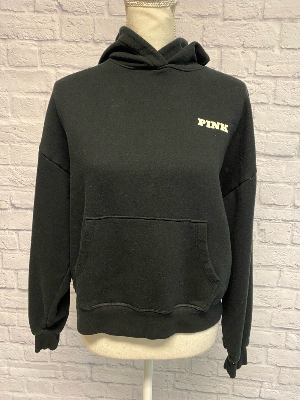 PINK Victoria's Secret Black Hoodie with White Felt Logo Size XS